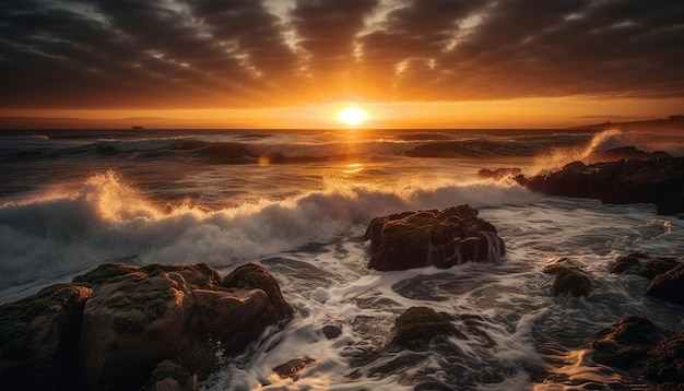 Paisaje marino tranquilo al atardecer rompiendo olas en la costa rocosa generada por inteligencia artificial