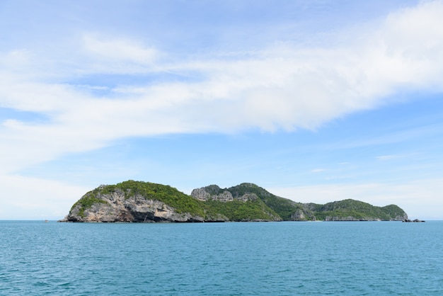 Paisaje marino de verano con isla verde y cielo azul