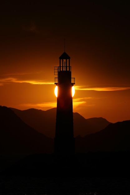 Paisaje marítimo al sol Faro y navegaciones en la costa La ciudad costera de Turgutreis y el sol espectacular