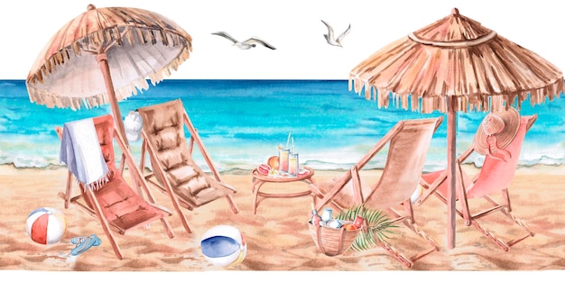 Paisaje marítimo con camas de sol y sombrillas ilustración de acuarela aislada sobre el tema de una fiesta en la playa