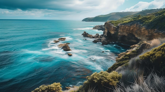 Paisaje marítimo costero tranquilo con exuberantes acantilados y olas serenas del océano fotografía de la naturaleza para arte de pared y decoración perfecta para temas de viaje IA