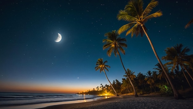 Paisaje marítimo con la luna y las palmeras