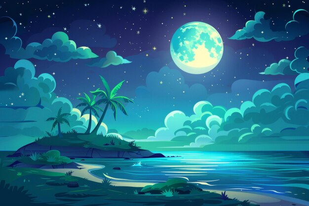 Paisaje marítimo nocturno con estrellas de luna y nubes en el cielo oscuro fondos de dibujos animados modernos de una isla tropical con palmeras playa de arena olas del océano y costa