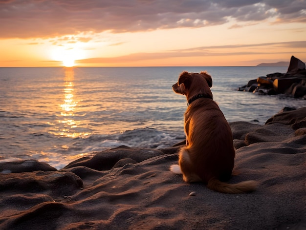 Paisaje marítimo Perro sentado en la orilla