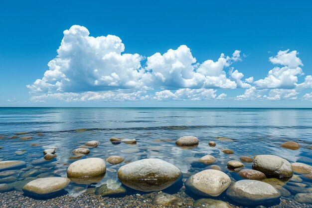 Paisaje marítimo con piedras en el agua y nubes
