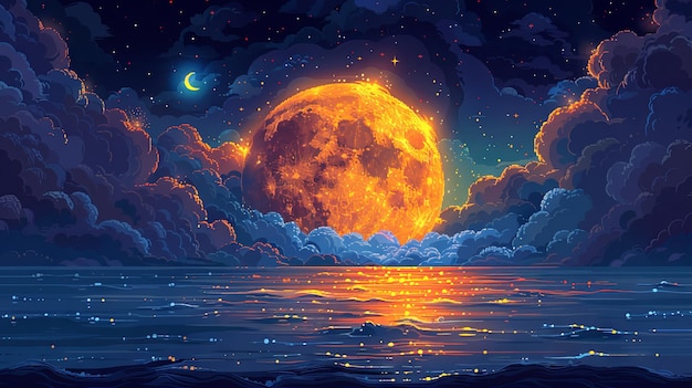 Paisaje marítimo surrealista con hermosa luna llena y brillante vista de la superficie del mar ilustración
