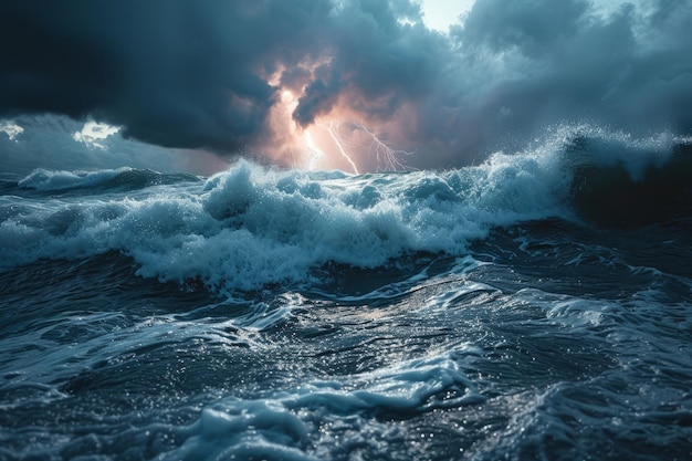 Paisaje marítimo tormentoso con olas tormentosas y rayos de sol