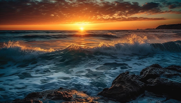 Paisaje marítimo tranquilo al anochecer, olas que se rompen en la costa rocosa generada por la inteligencia artificial.