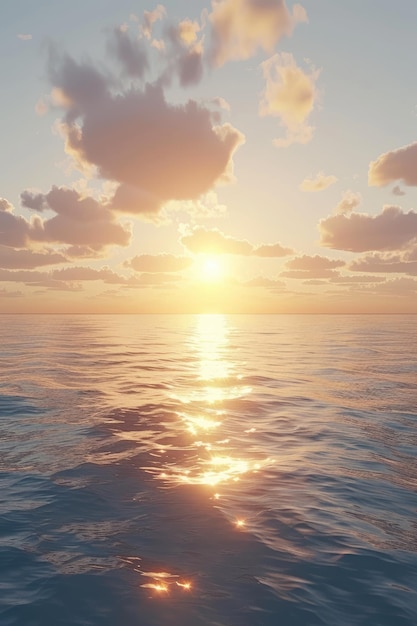 Paisaje marítimo tranquilo de puesta de sol con océano y cielo tranquilos