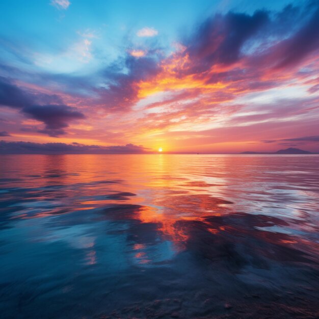 Paisaje marítimo tranquilo con una puesta de sol vibrante y nubes de colores