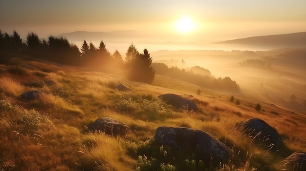 Paisaje matutino brumoso con bosque de colinas ondulantes y rocas y pastizales dorados del amanecer