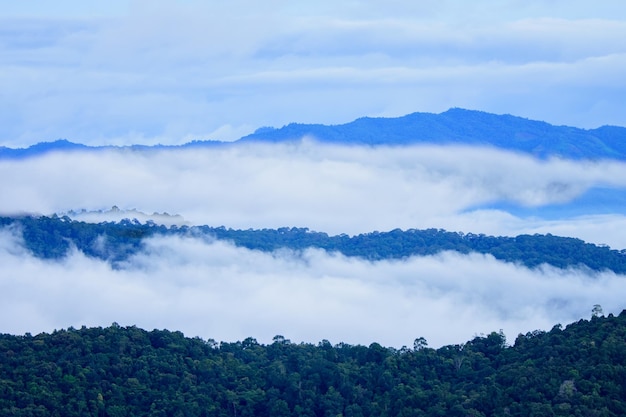 Un paisaje matutino de montañas con cielo dramático y niebla.