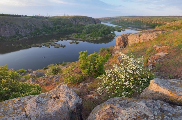 Paisaje matutino con río.