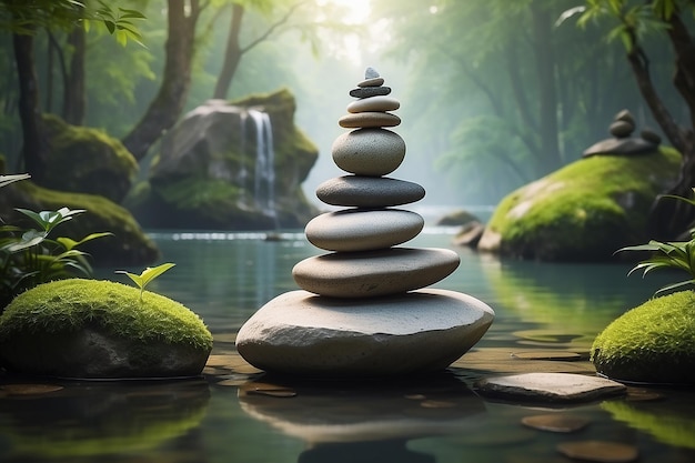 Paisaje de meditación zen Medio ambiente de naturaleza tranquila y espiritual Balance de piedra