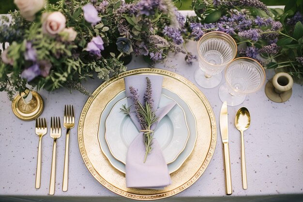 El paisaje de la mesa de bodas, el diseño elegante de la mesa formal, el diseño de la mesa con decoración de lavanda para la fiesta de vacaciones, la celebración de eventos generativos.