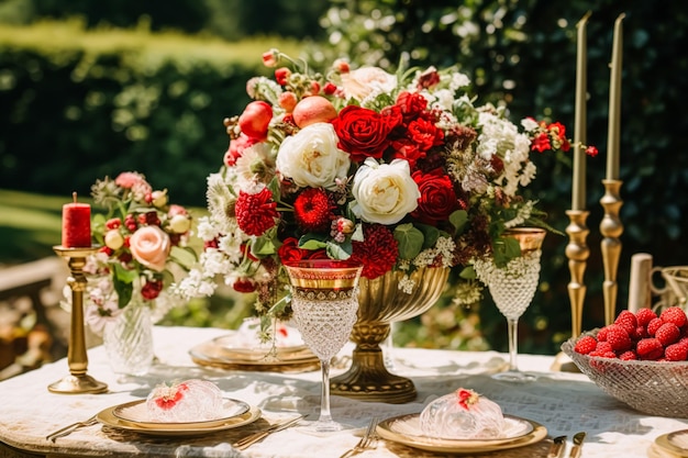 Paisaje de mesa de campo, mesa de cena formal, mesa con decoración de fresas para bodas y celebraciones de eventos festivos, ai generativo