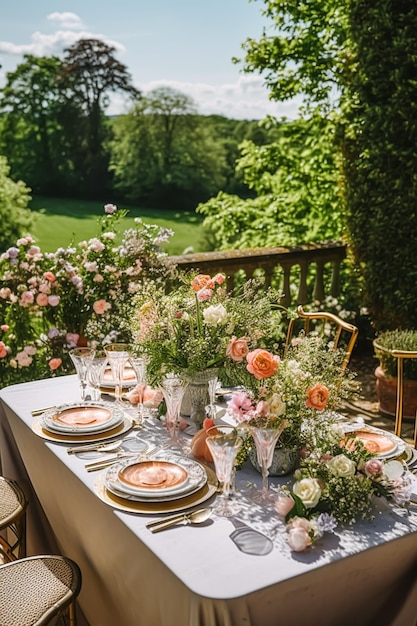 Paisaje de mesa de campo, mesa de cena formal, mesa con decoración de fresas para bodas y celebraciones de eventos festivos, ai generativo