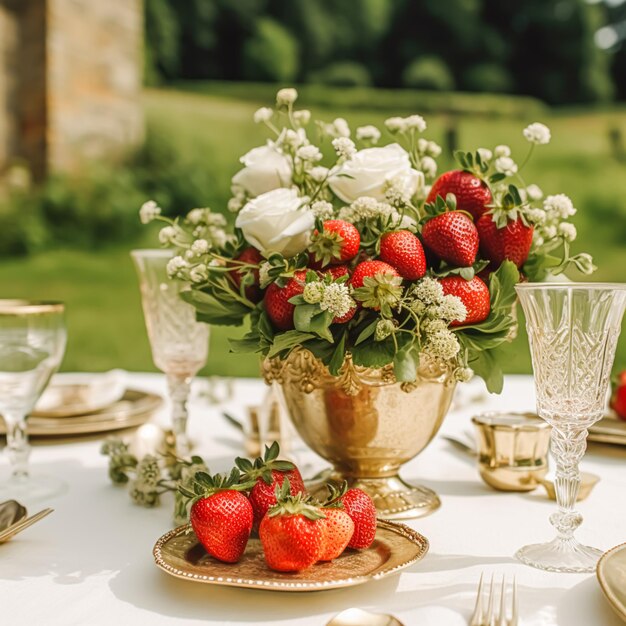 Paisaje de mesa de campo mesa de cena formal puesta de mesa paisaje con decoración de fresas para bodas y celebraciones de eventos festivos ai generativo