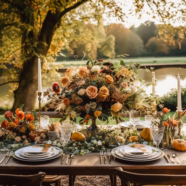 El paisaje de la mesa de otoño la configuración de la mesa para la cena de otoño las mesas de vacaciones el paisaje para la boda el cumpleaños o la fiesta la celebración del evento generativo ai
