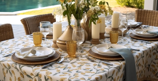 Paisaje de mesa de vacaciones botánicas al aire libre mesa de campo inglesa paisaje de mesa con vajilla elegante y vajilla para fiestas de bodas y eventos generativo ai