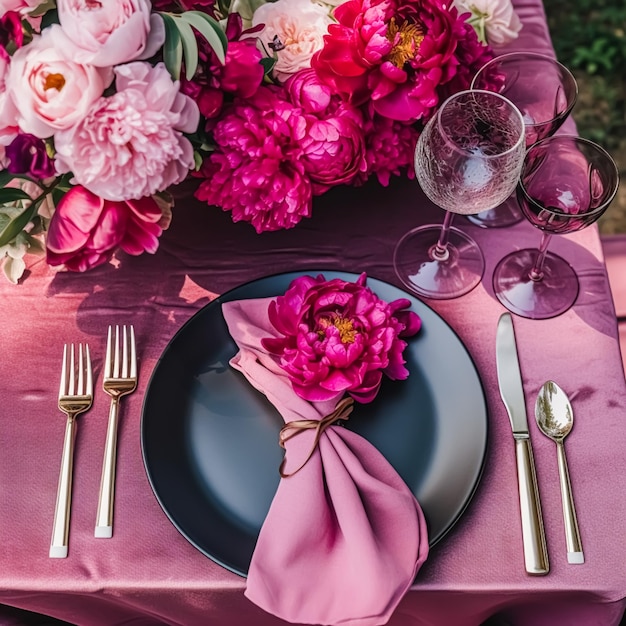 Paisaje de mesa de vacaciones, mesa de cena formal, mesa de peonía rosa, mesa de paisaje con peonías, decoración para fiestas de bodas y celebraciones de eventos.