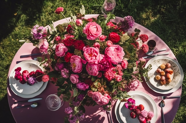 Paisaje de mesa de vacaciones, mesa de cena formal, mesa de peonía rosa, mesa de paisaje con peonías, decoración para fiestas de bodas y celebraciones de eventos.