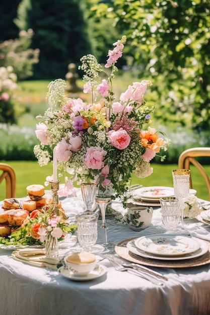 Paisaje de mesa de vacaciones, mesa de cena formal, puesta de flores de peonía, paisaje de mesa con peonías, decoración para fiestas de bodas y celebraciones de eventos.