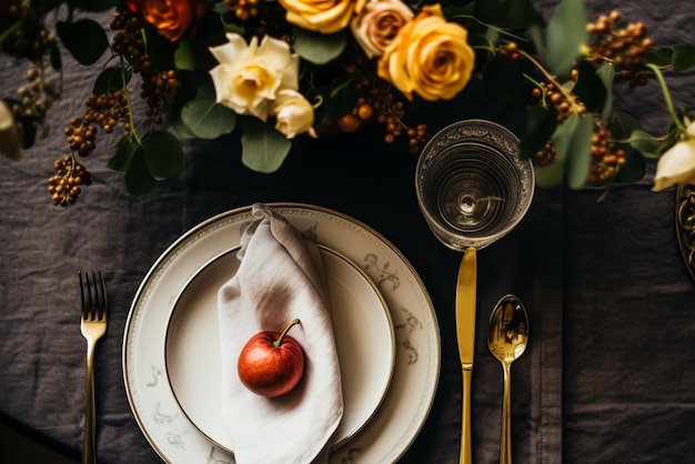 Paisaje de mesa de vacaciones de otoño configuración formal de mesa de cena paisaje de mesa con elegante decoración floral de otoño para la fiesta de bodas y la decoración de eventos
