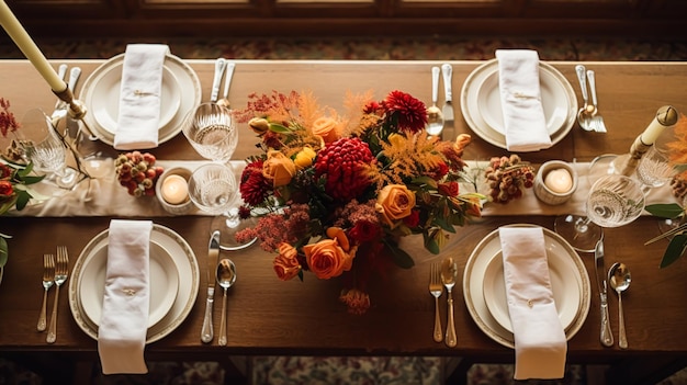 Paisaje de mesa de vacaciones de otoño configuración formal de mesa de cena paisaje de mesa con elegante decoración floral de otoño para la fiesta de bodas y la decoración de eventos