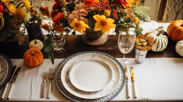 Paisaje de mesa de vacaciones de otoño diseño formal de mesa de cena diseño de mesa con elegante decoración floral de otoño para la fiesta de bodas y la idea de decoración de eventos