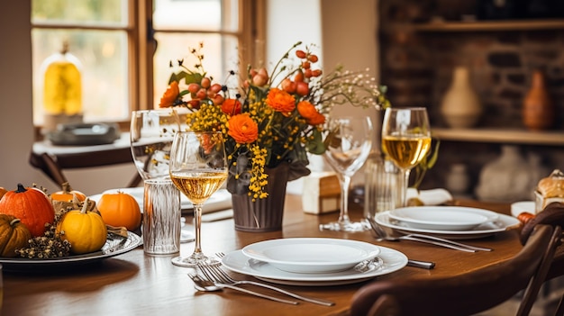 Paisaje de mesa de vacaciones de otoño, mesa de cena formal, paisaje de mesa con elegante decoración floral otoñal para una idea de decoración de bodas y eventos