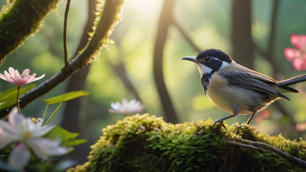 Foto un paisaje en miniatura con aves encantadoras