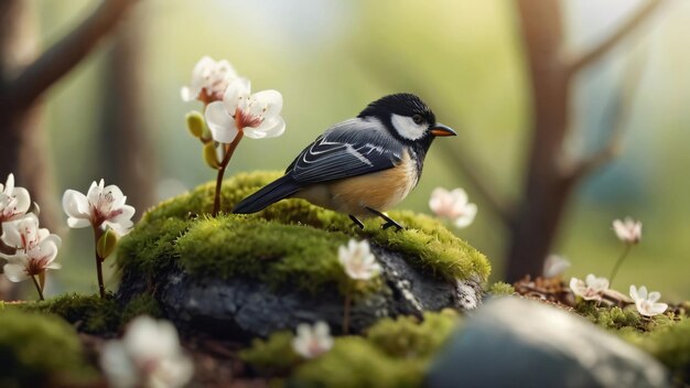 Un paisaje en miniatura con aves encantadoras