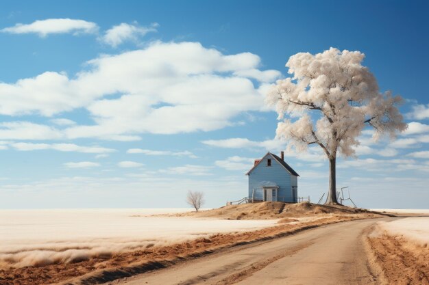 Paisaje minimalista con solo árbol y casa IA generativa