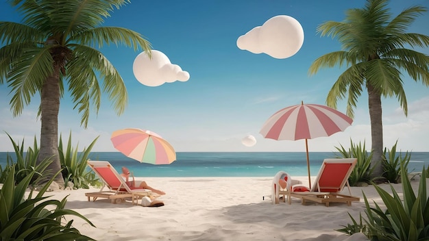 Paisaje mínimo escena de playa de verano fondo forma geométrica renderización pastel 3D