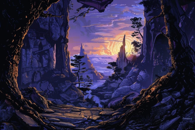 Paisaje misterioso con rocas brillantes y montañas lejanas