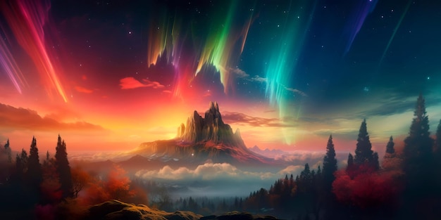 Paisaje místico con una aurora boreal con los colores del arcoíris que ilumina el cielo IA generativa