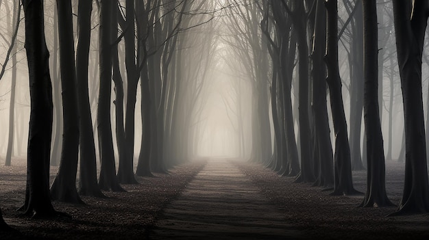 El paisaje místico la niebla blanca en el otoño el bosque deprimente la tristeza la soledad el estado de ánimo