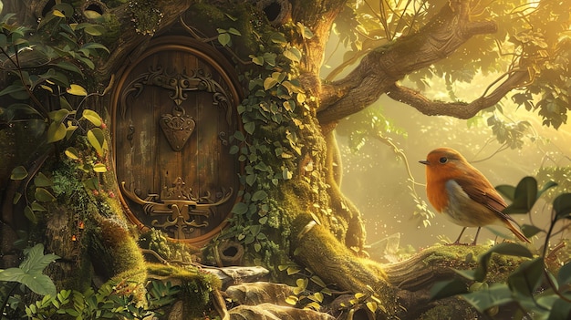 Foto un paisaje místico con una pequeña puerta de madera cubierta de vides y musgo anidada en el tronco de un árbol antiguo