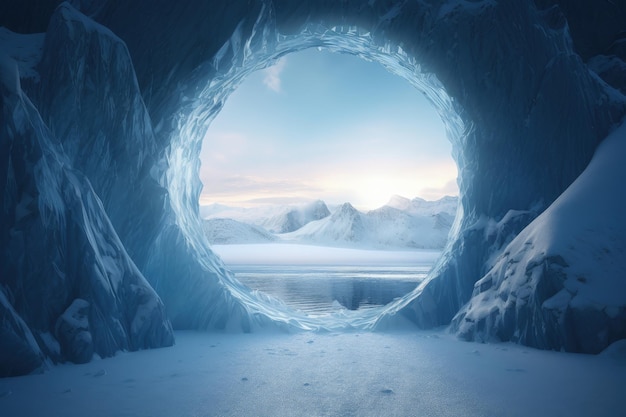 Paisaje con místicos portales de hielo, montañas y glaciares al fondo IA generativa