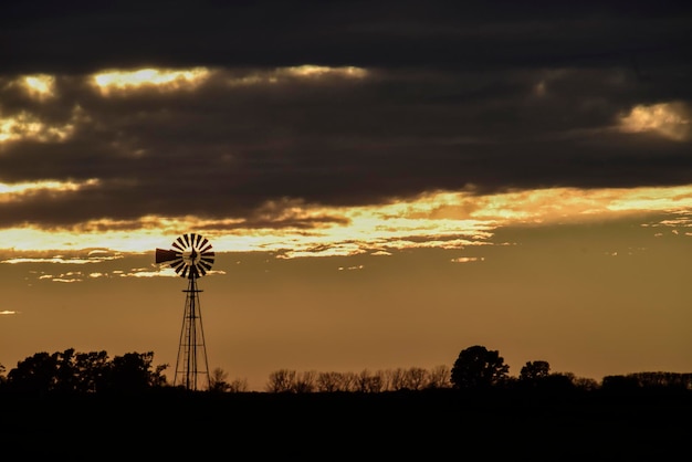 Paisaje con molino al atardecer Pampa Patagonia Argentina