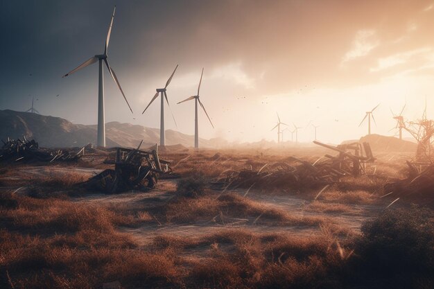 Un paisaje con un molino de viento y una puesta de sol de fondo