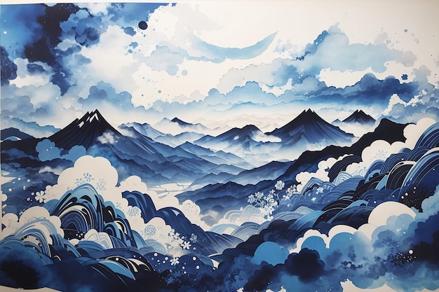 Paisaje de montaña abstracto en tinta índigo de estilo japonés