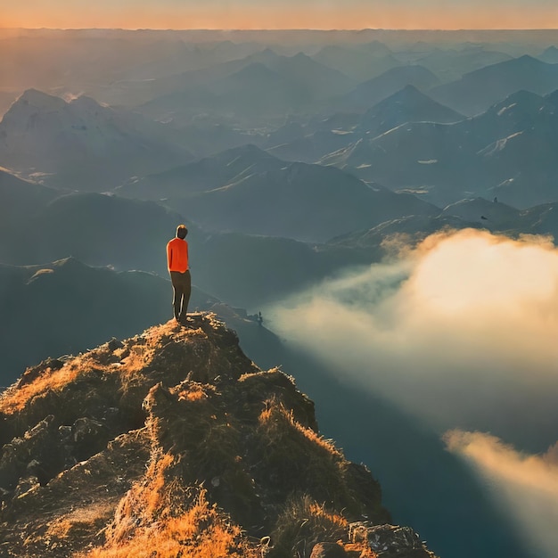 Paisaje de montaña al amanecer o al atardecer el sol brilla en las montañas