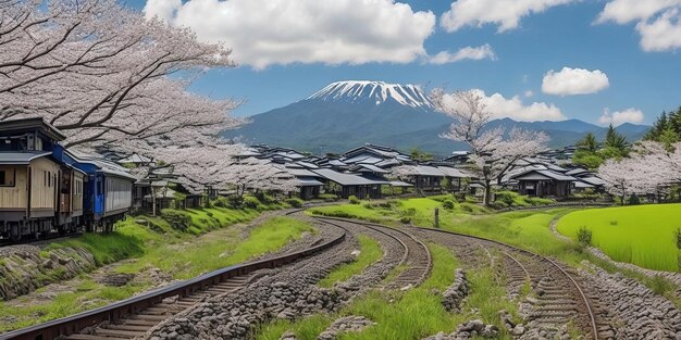 Un paisaje con una montaña al fondo y una vía de tren con una montaña al fondo.