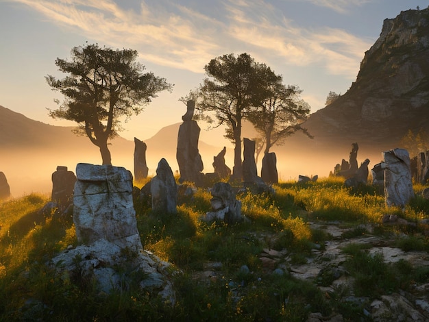 Un paisaje con una montaña al fondo.