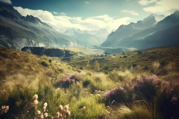 Un paisaje con una montaña al fondo.