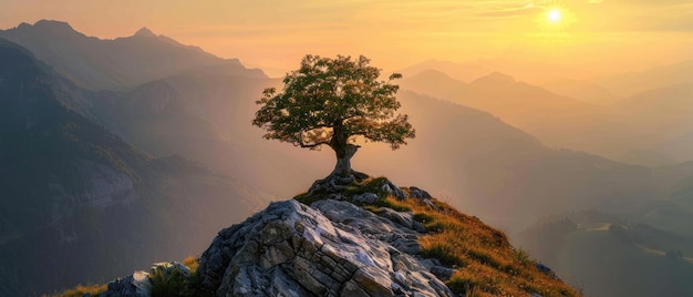 Paisaje de montaña con árbol al atardecer en verano pintoresco pino solitario en la cima de la roca panorámica impresionante vista concepto de la naturaleza viaje al cielo