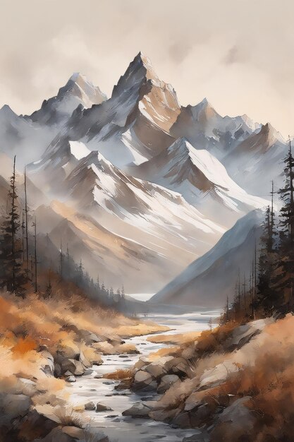 Paisaje de montaña y arroyo meses de otoño invierno Pintura de acuarela Calidad de póster imprimible