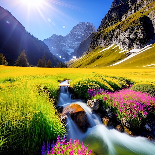 Un paisaje de montaña con un arroyo que lo atraviesa.